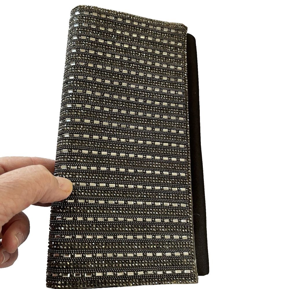 INC Clutch Purse Black Silver Bling Sparkly Beaded Evening‎ Flap Magnetic Button